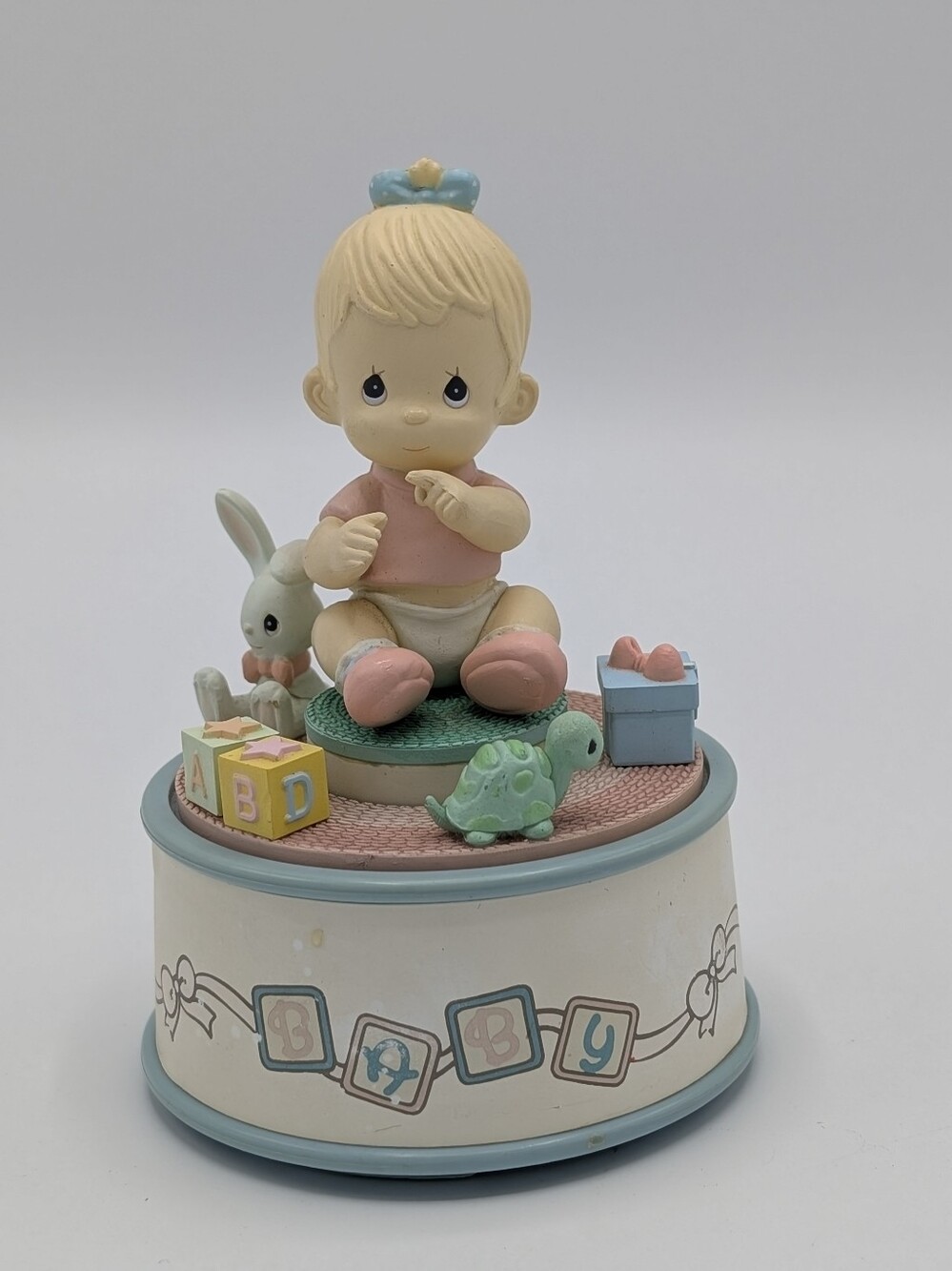 Precious Moments Figurine Enesco Toyland Baby Music Box in Pink and Blue 1991